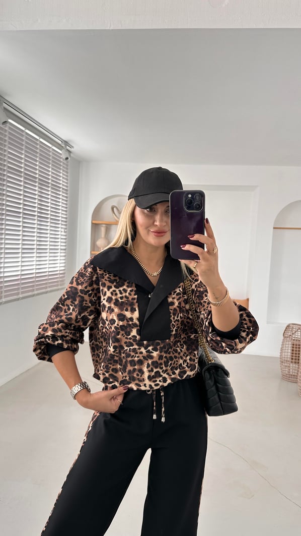 Poplin Yaka Beli Lastikli Leopar Sweat