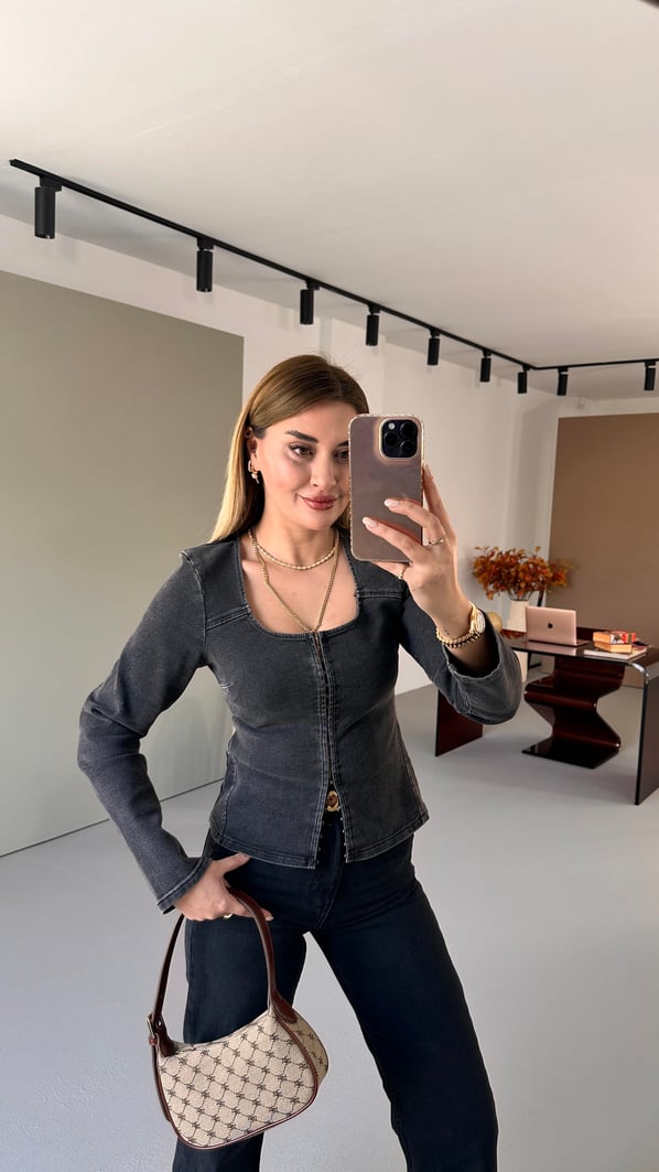 Premium Seri Agraflı Antrasit Denim Bluz