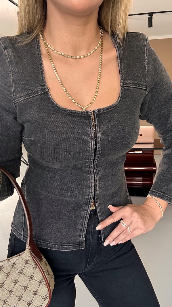 Premium Seri Agraflı Antrasit Denim Bluz