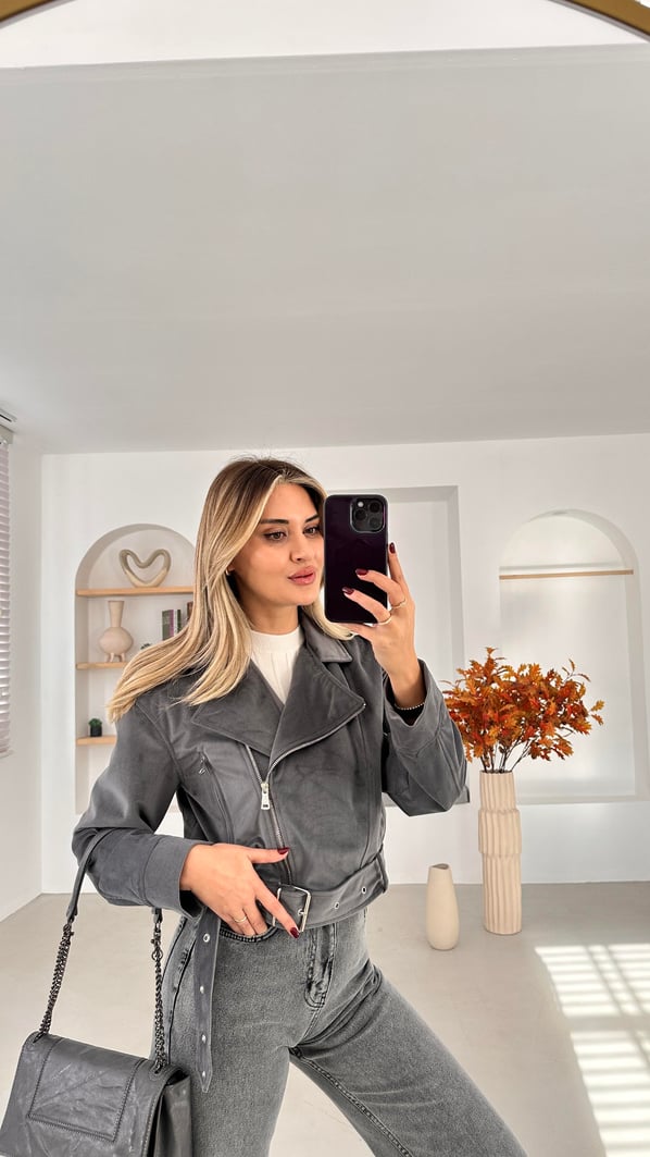 Premium Seri Antrasit Süet Biker Ceket