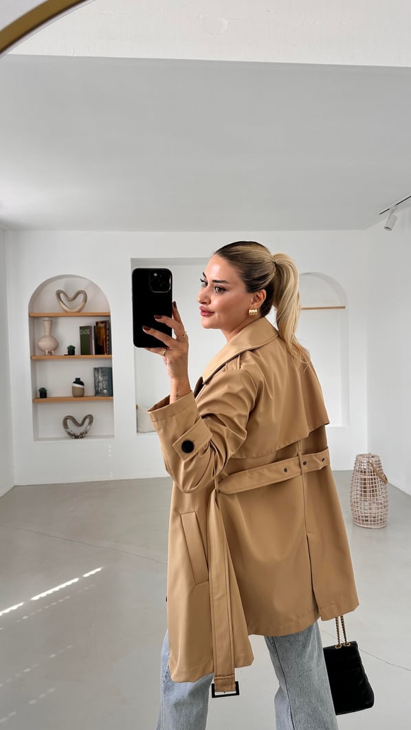 Premium Seri Apolet Detay Astarlı Camel Trenç