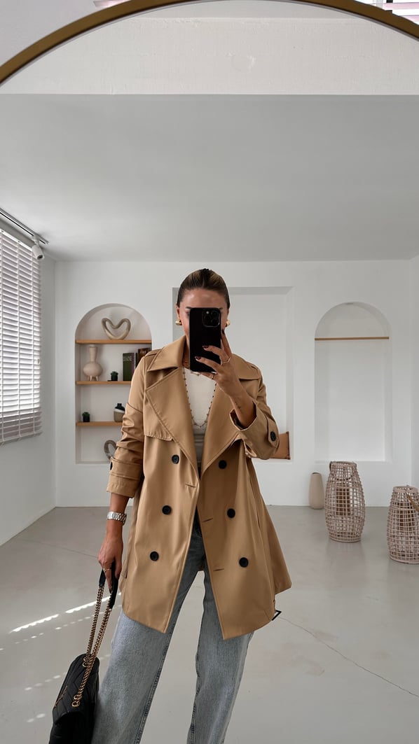 Premium Seri Apolet Detay Astarlı Camel Trenç