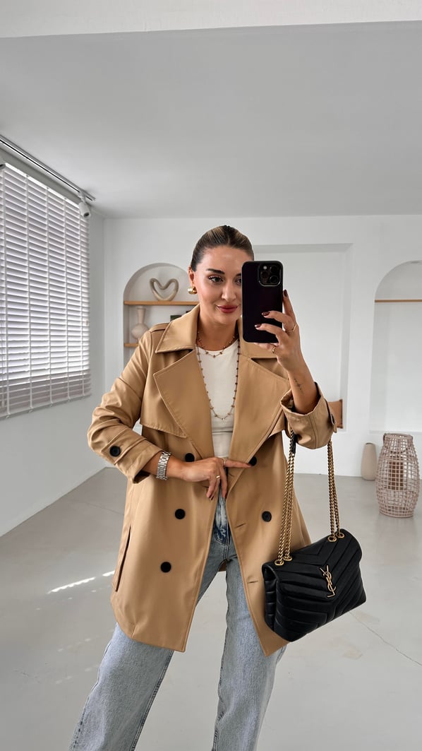 Premium Seri Apolet Detay Astarlı Camel Trenç