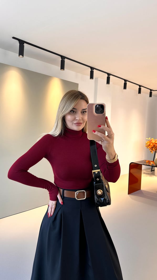 Premium Seri Balıkçı Yaka Pamuklu Basic Bordo Bluz