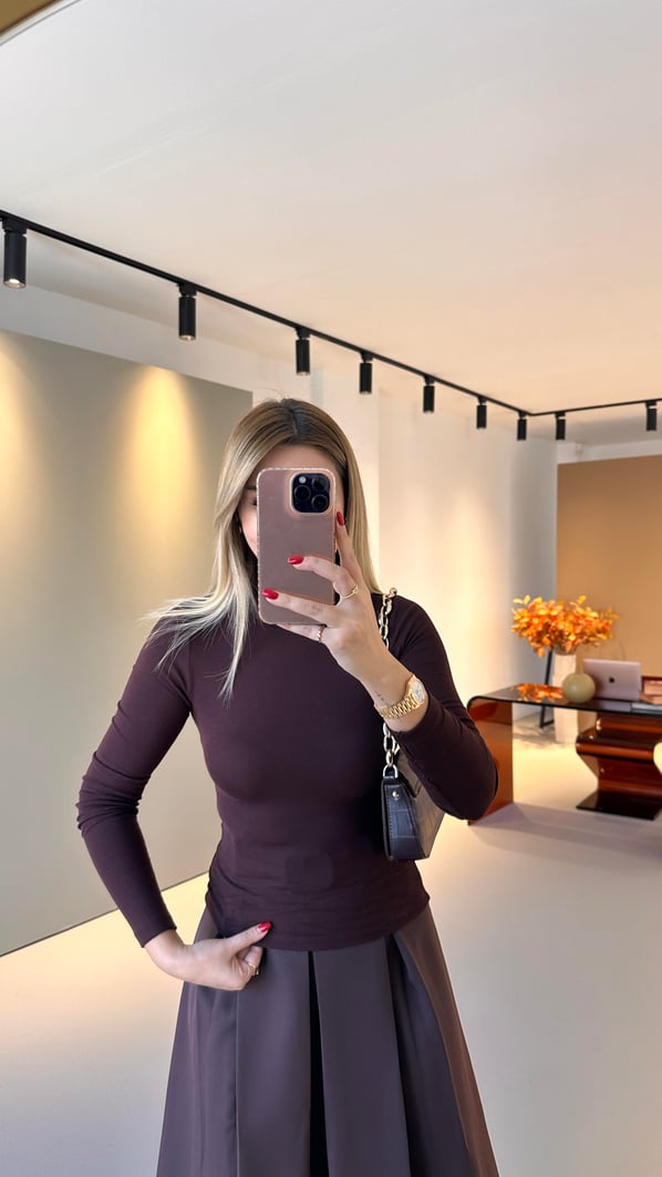 Premium Seri Balıkçı Yaka Pamuklu Basic Acı Kahve Bluz