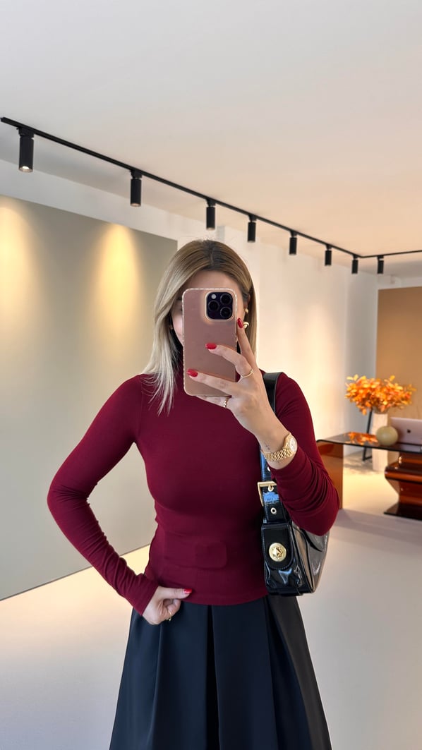 Premium Seri Balıkçı Yaka Pamuklu Basic Bordo Bluz