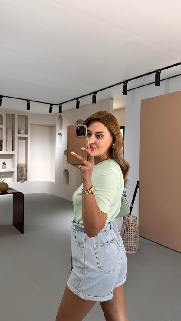 Premium Seri Bel Lastikli Buz Mavi Denim Şort