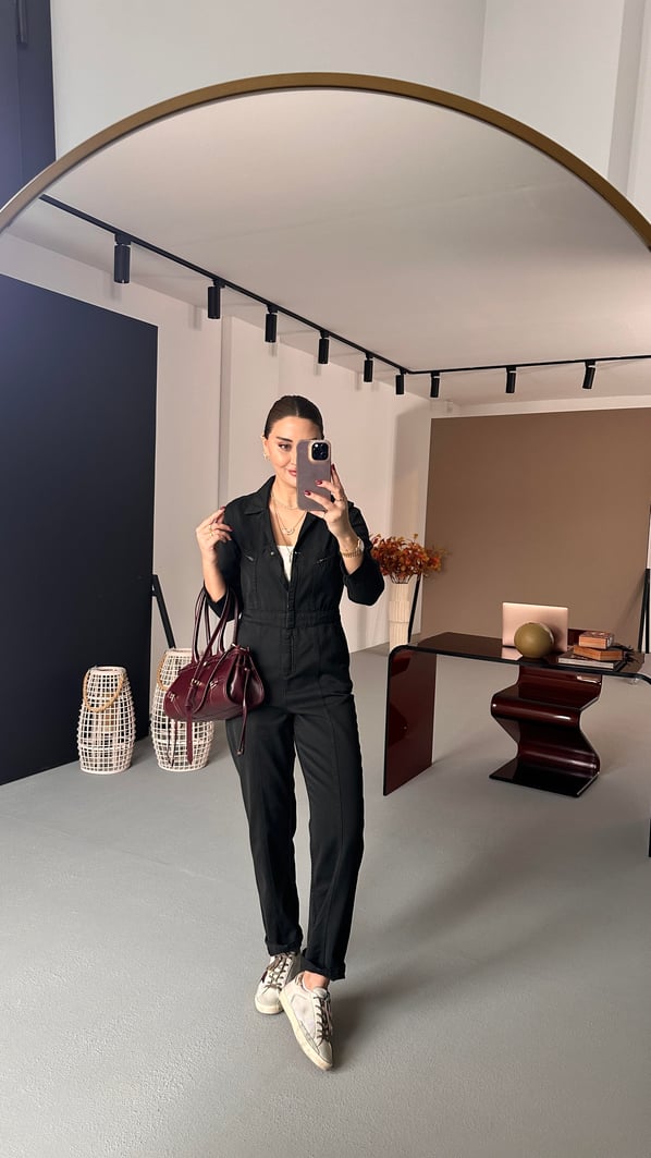 Premium Seri Bel Lastikli Siyah Denim Tulum