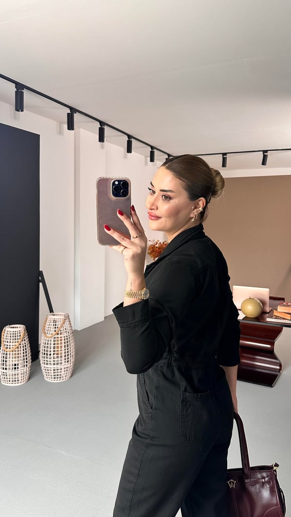 Premium Seri Bel Lastikli Siyah Denim Tulum