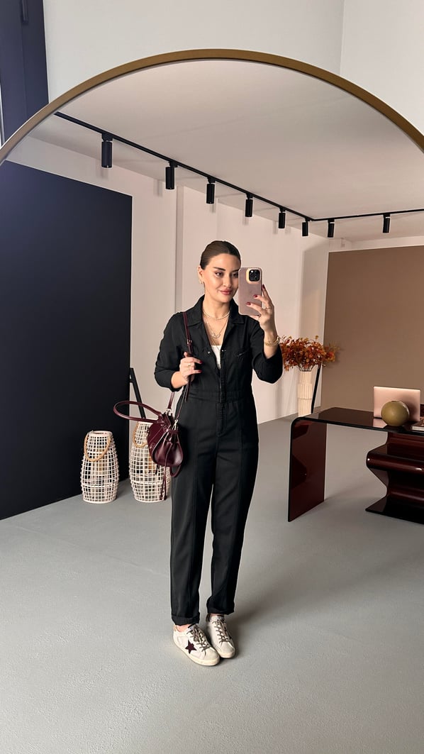 Premium Seri Bel Lastikli Siyah Denim Tulum