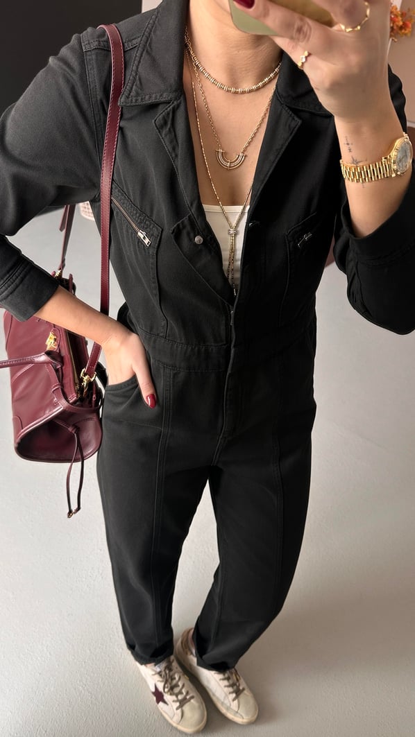 Premium Seri Bel Lastikli Siyah Denim Tulum