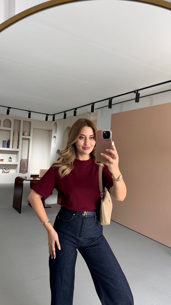 Premium Seri Bisiklet Yaka Bordo Pamuklu Basic Tshirt