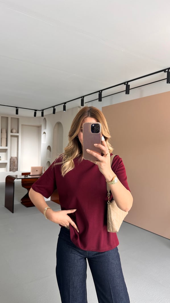 Premium Seri Bisiklet Yaka Bordo Pamuklu Basic Tshirt