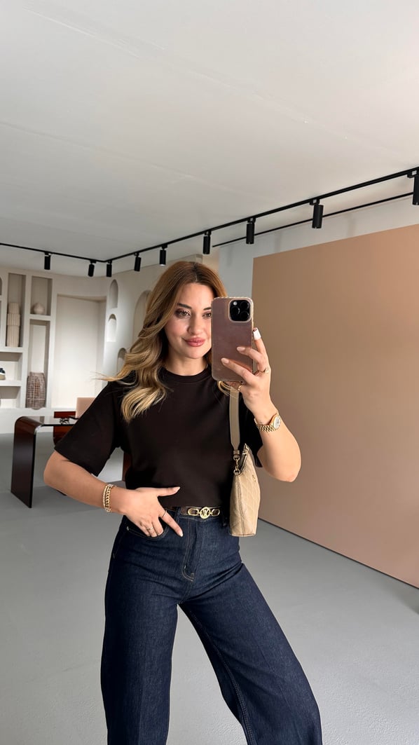 Premium Seri Bisiklet Yaka Kahve Pamuklu Basic Tshirt