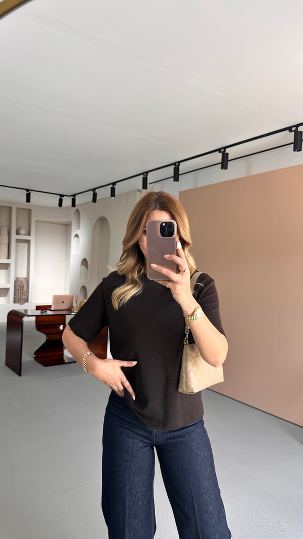 Premium Seri Bisiklet Yaka Kahve Pamuklu Basic Tshirt