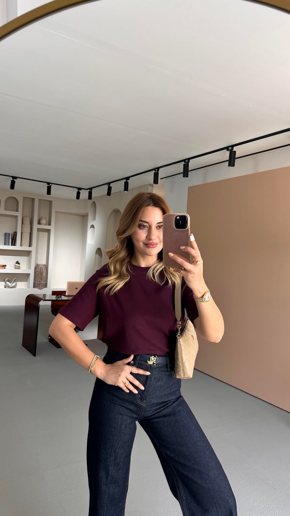 Premium Seri Bisiklet Yaka Mürdüm Pamuklu Basic Tshirt