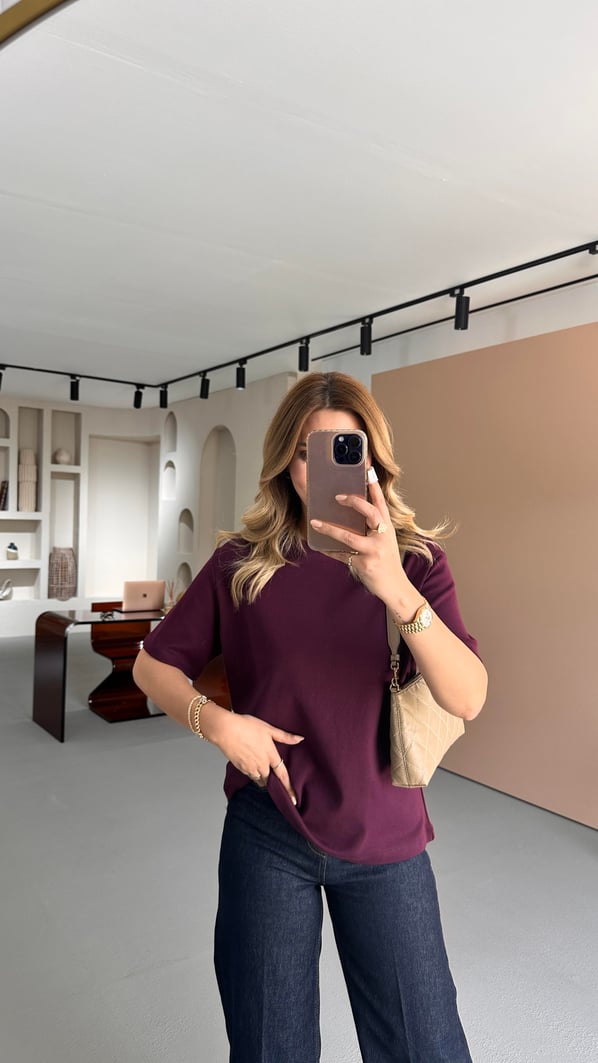 Premium Seri Bisiklet Yaka Mürdüm Pamuklu Basic Tshirt