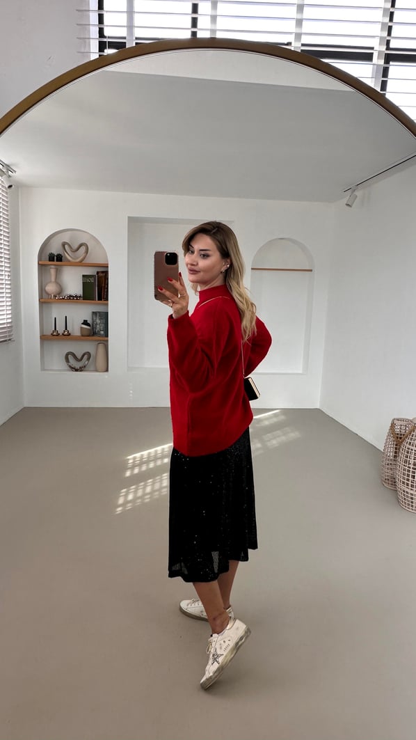Premium Seri Bisiklet Yaka Oversize Kırmızı Yumoş Kazak
