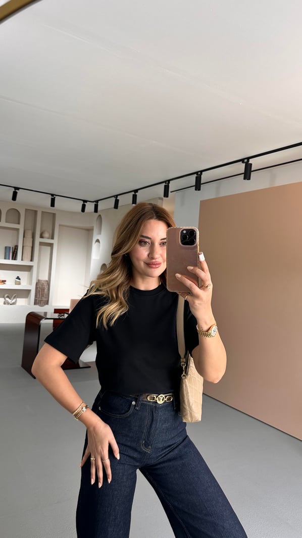 Premium Seri Bisiklet Yaka Siyah Pamuklu Basic Tshirt