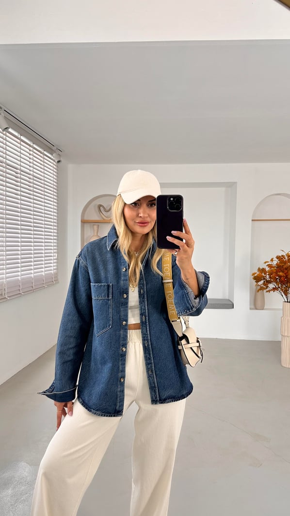 Premium Seri Cep Detay Lacivert  Denim Gömlek