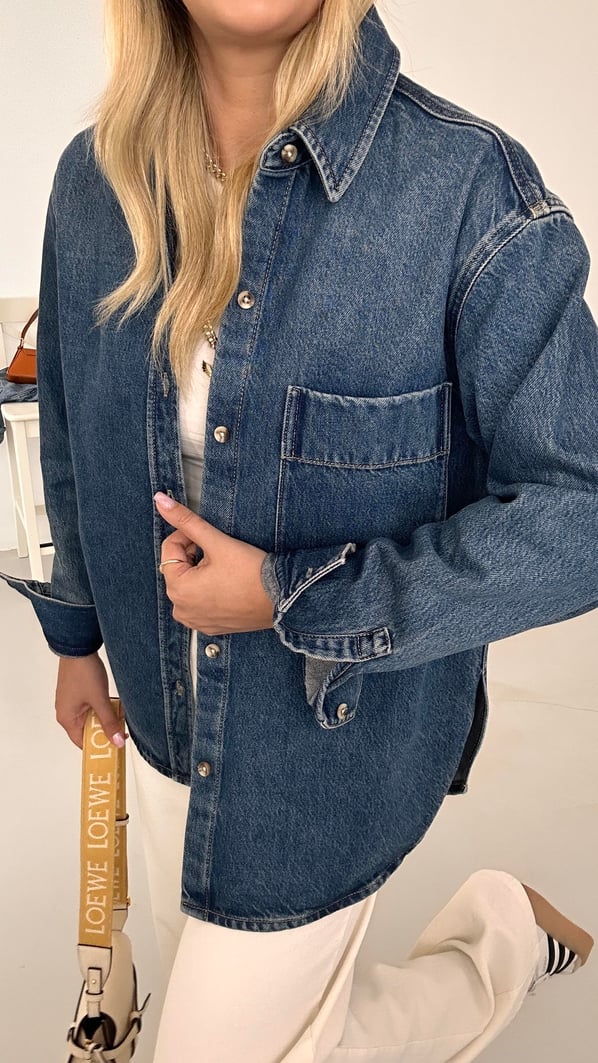 Premium Seri Cep Detay Lacivert  Denim Gömlek