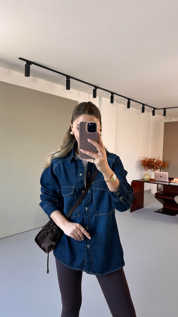 Premium Seri Cep Detay Lacivert Denim Gömlek