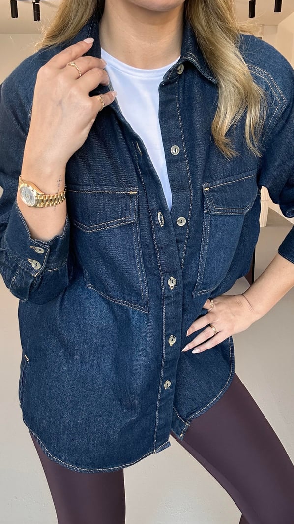 Premium Seri Cep Detay Lacivert Denim Gömlek