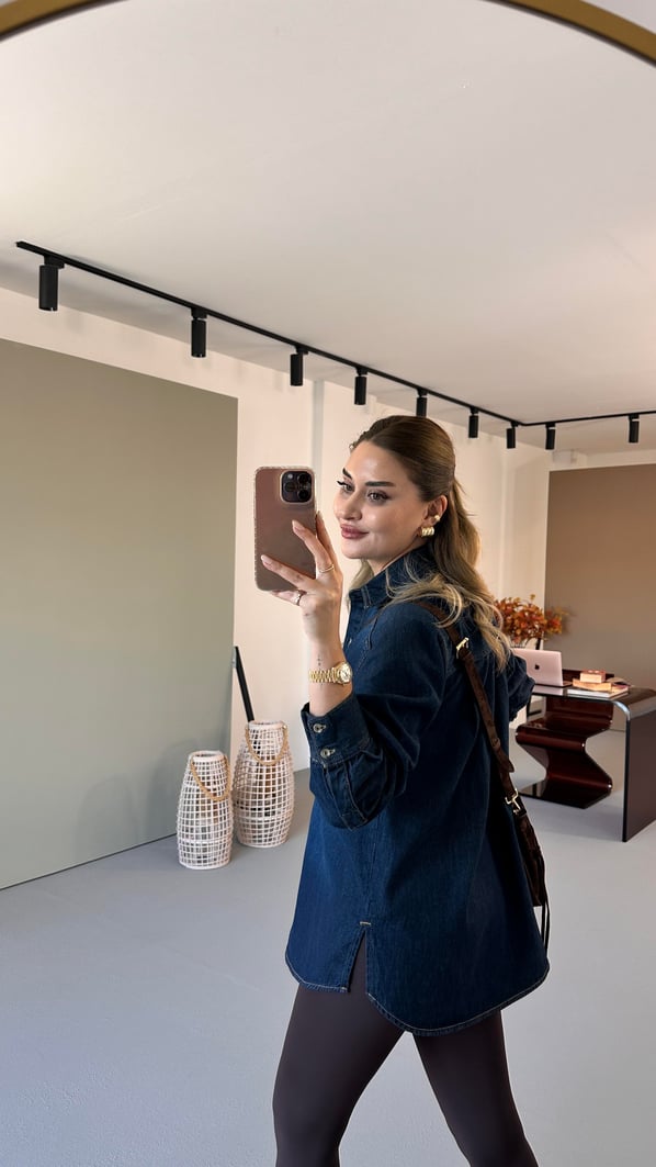 Premium Seri Cep Detay Lacivert Denim Gömlek