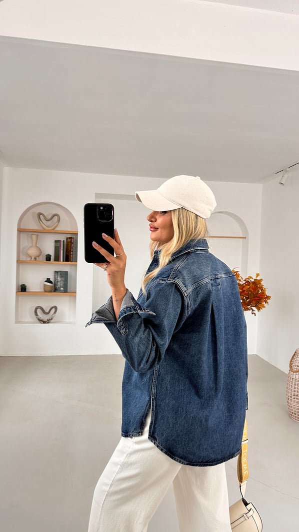 Premium Seri Cep Detay Lacivert  Denim Gömlek