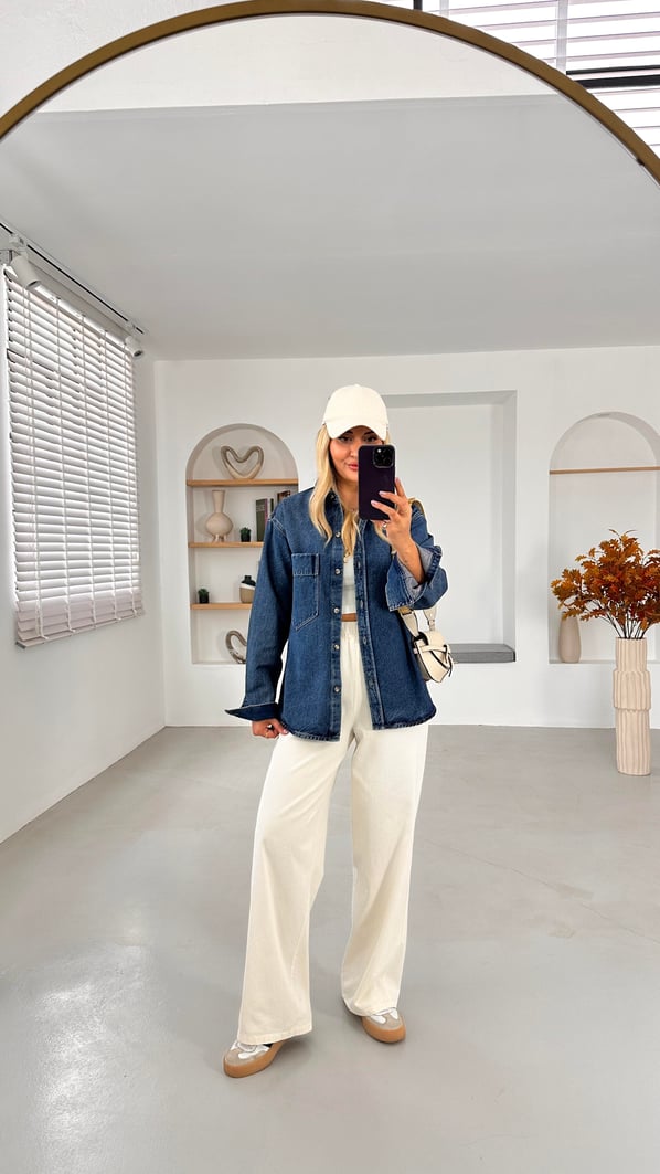 Premium Seri Cep Detay Lacivert  Denim Gömlek