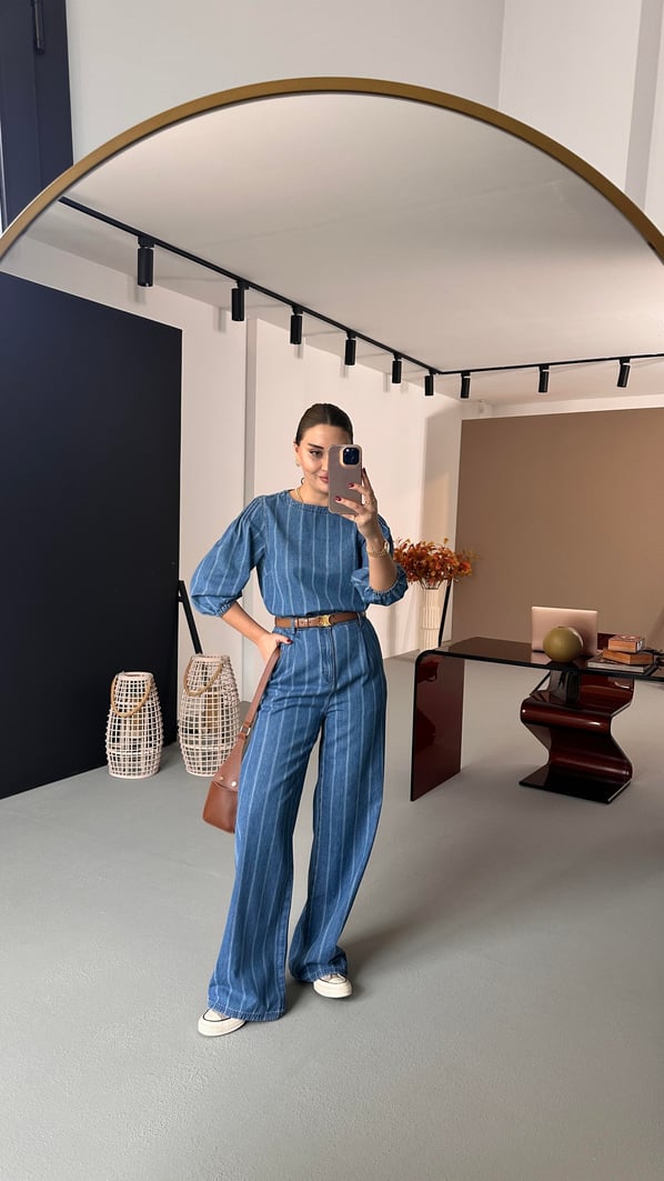 Premium Seri Çizgili Tensel Denim Palazzo Pantolon