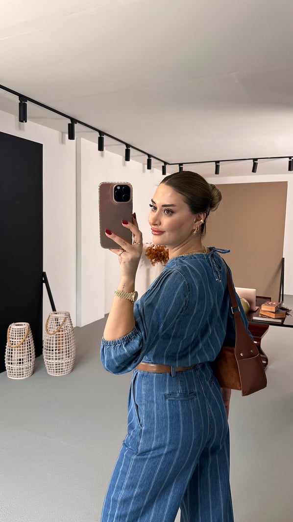 Premium Seri Çizgili Tensel Denim Palazzo Pantolon