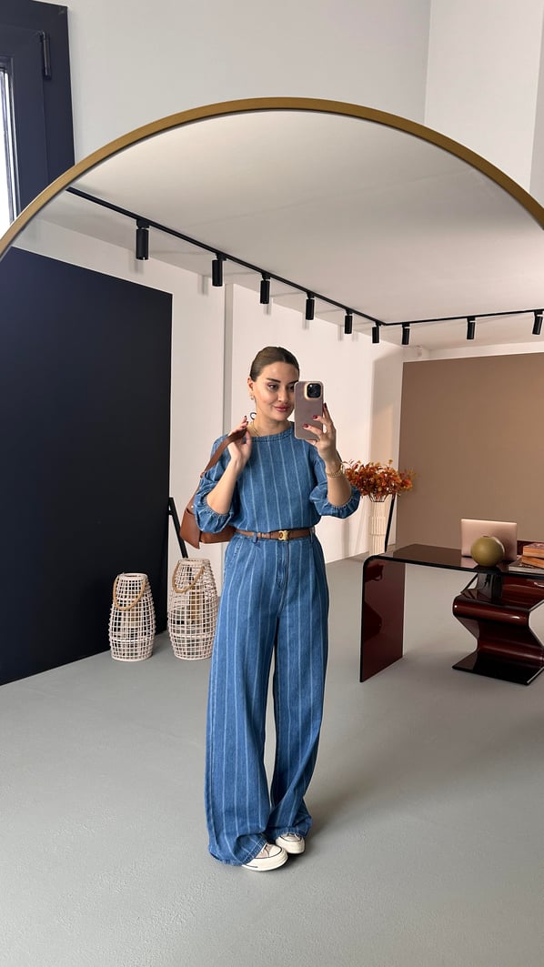 Premium Seri Çizgili Tensel Denim Palazzo Pantolon