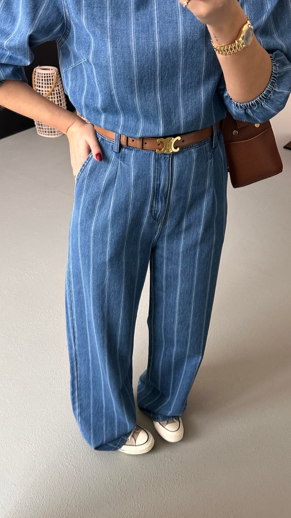 Premium Seri Çizgili Tensel Denim Palazzo Pantolon