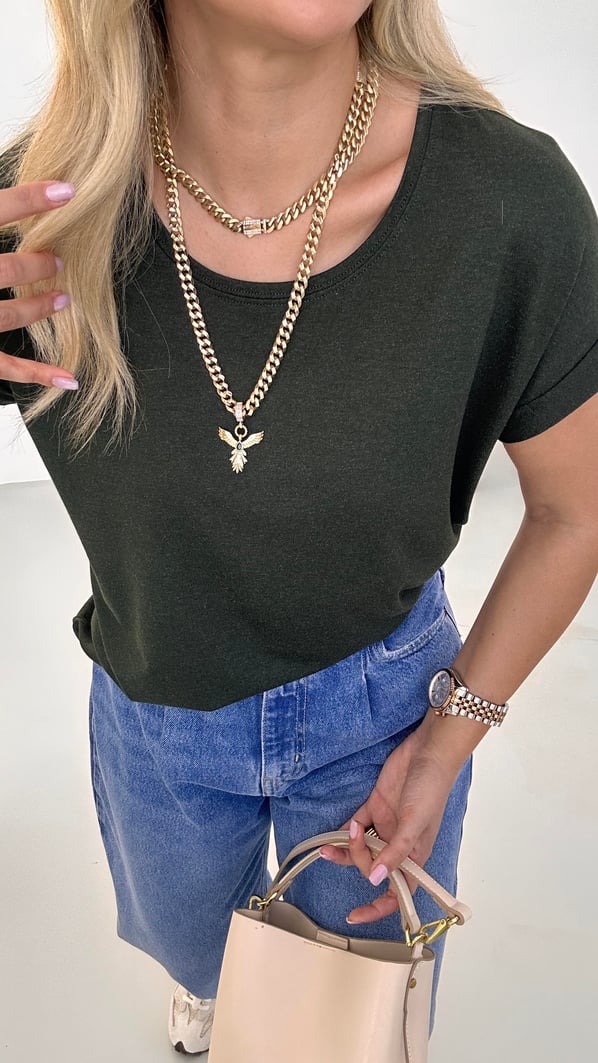 Premium Seri Duble Kol Dökümlü Kırçıllı Haki Tshirt