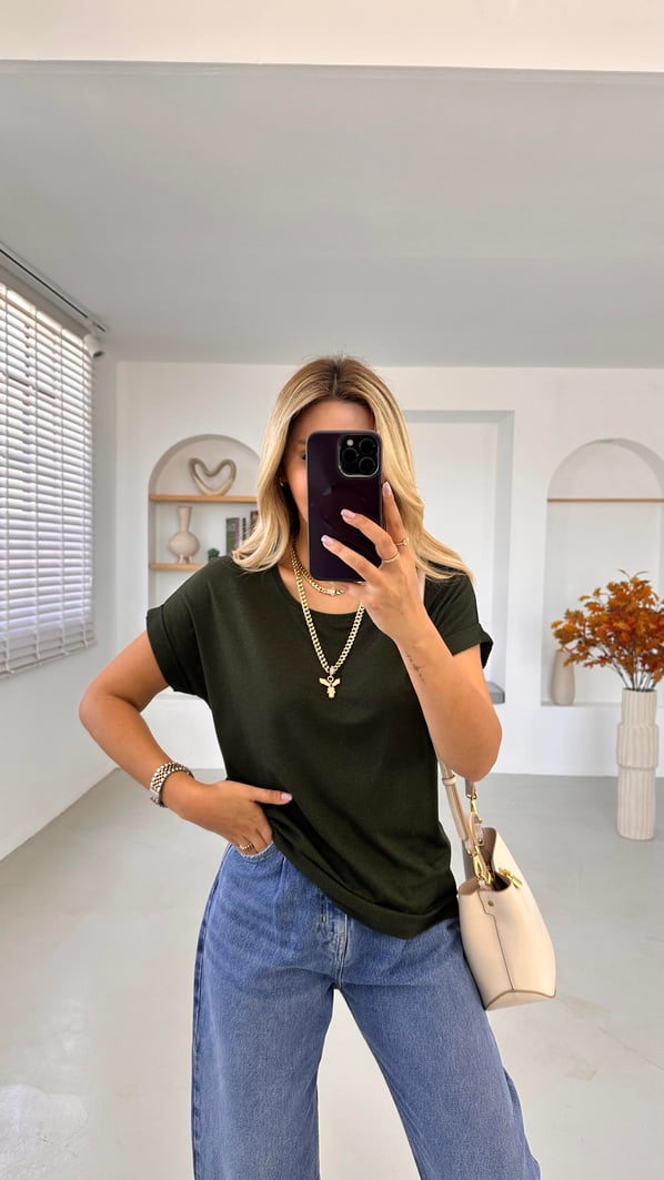 Premium Seri Duble Kol Dökümlü Kırçıllı Haki Tshirt