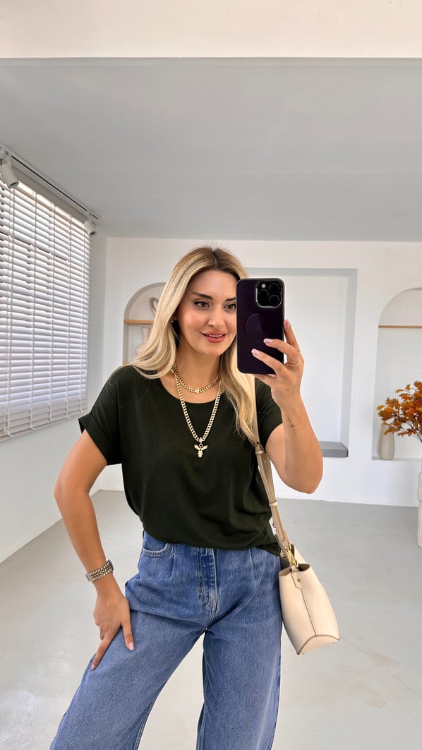 Premium Seri Duble Kol Dökümlü Kırçıllı Haki Tshirt