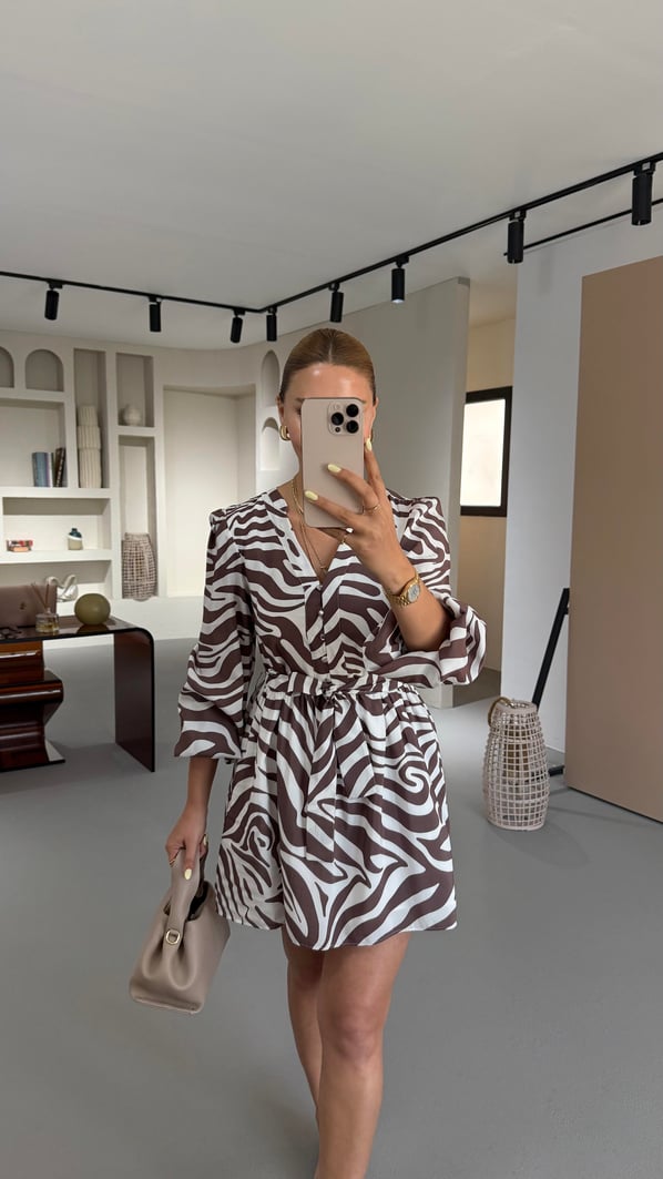 Premium Seri Düğme Detay Kahverengi Desenli Elbise