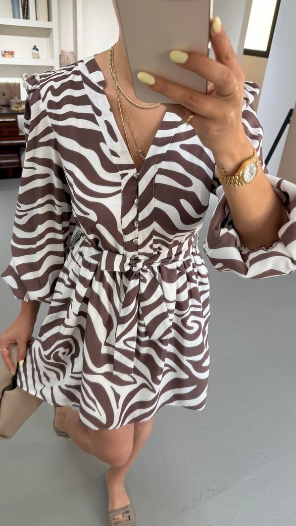 Premium Seri Düğme Detay Kahverengi Desenli Elbise