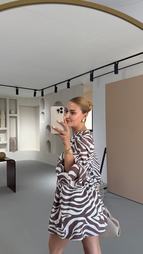 Premium Seri Düğme Detay Kahverengi Desenli Elbise