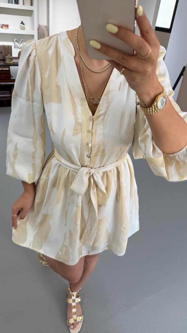 Premium Seri Düğme Detay Krem Desenli Elbise