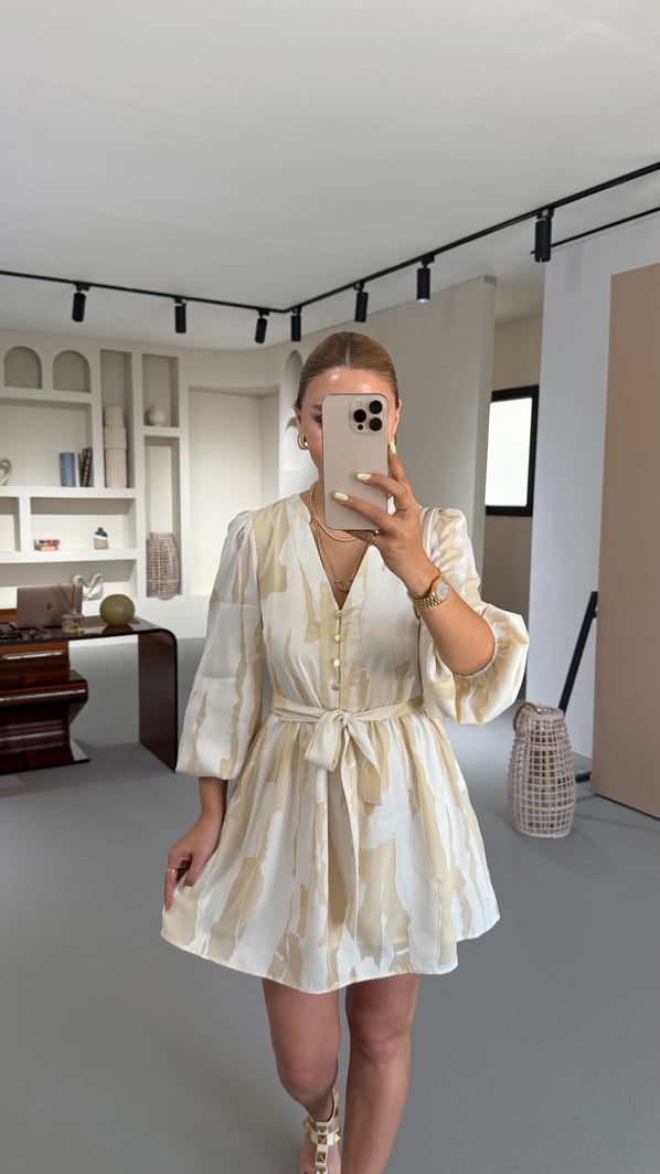 Premium Seri Düğme Detay Krem Desenli Elbise