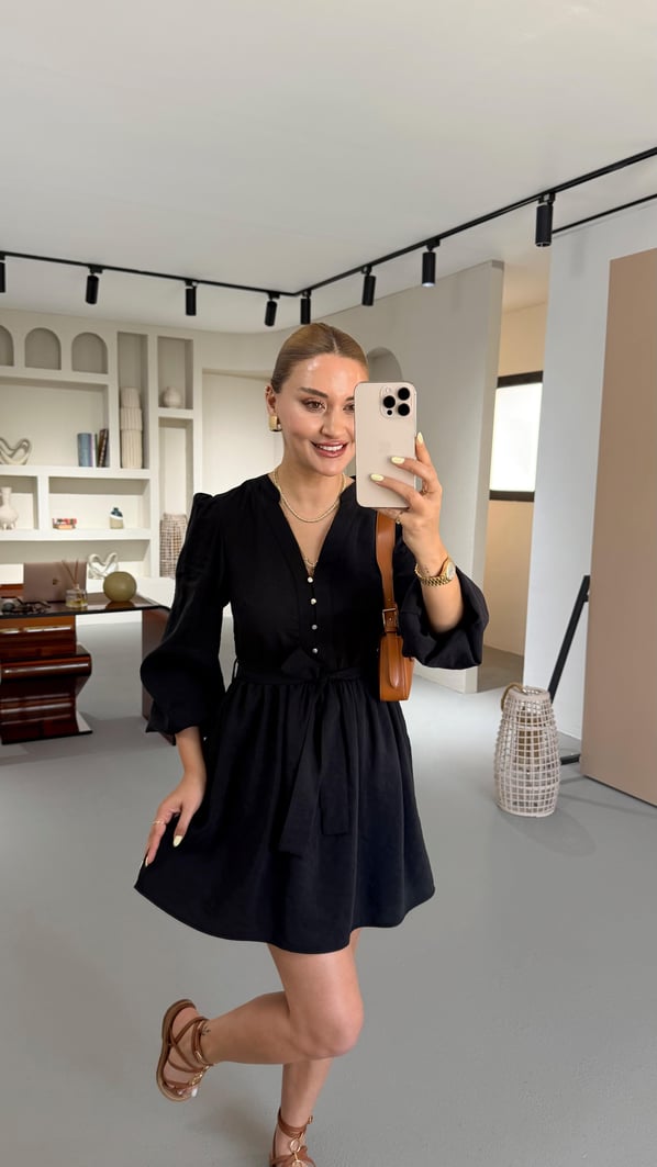 Premium Seri Düğme Detay Kuşaklı Siyah Elbise