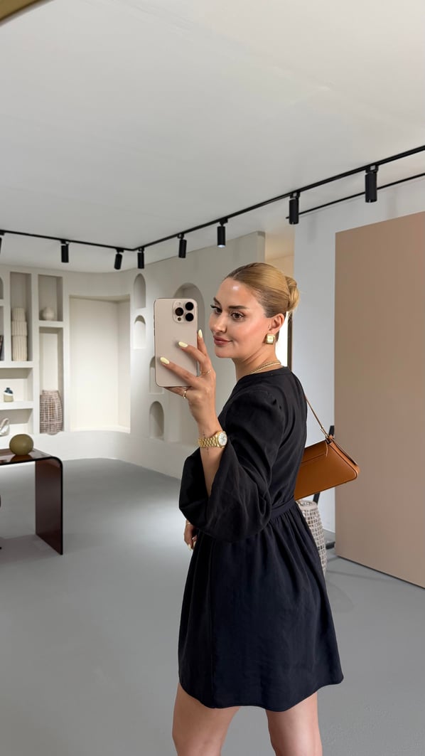 Premium Seri Düğme Detay Kuşaklı Siyah Elbise