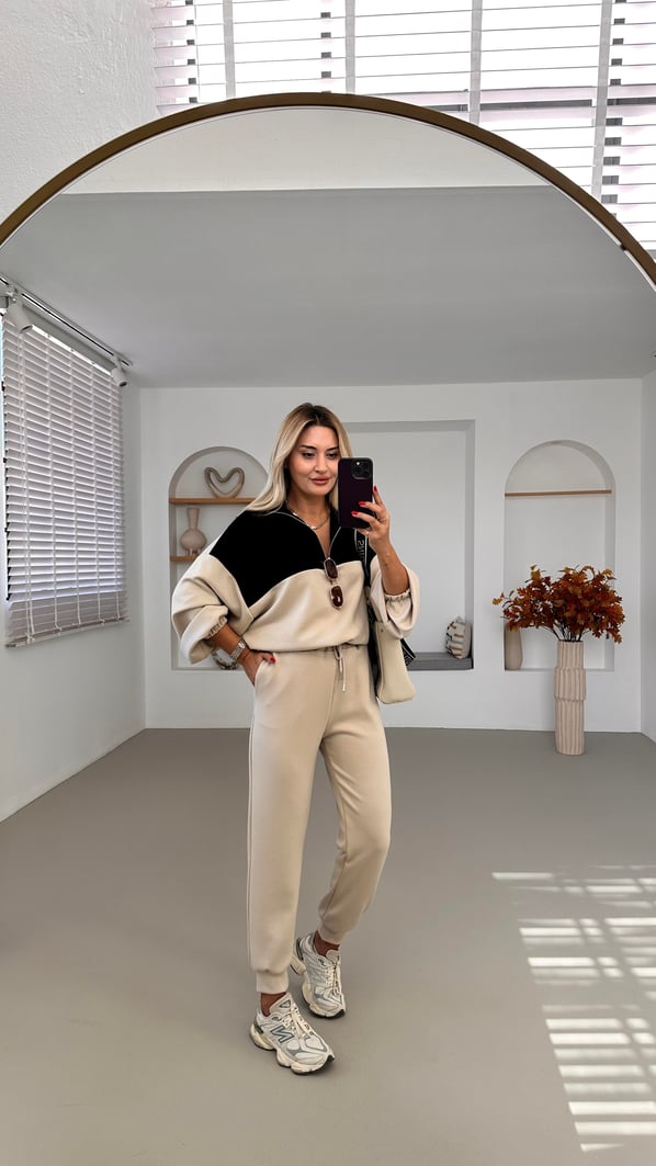 Premium Seri Fermuar Detay Renk Bloklu Taş Modal Takım