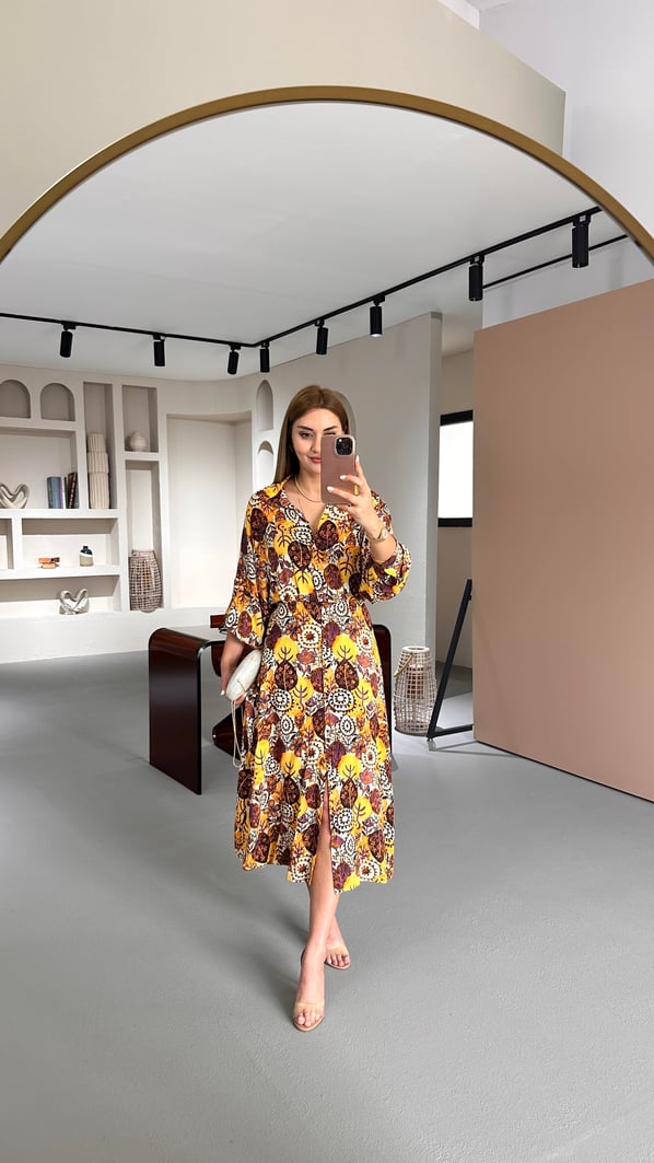 Premium Seri Hardal-Kahve Vual Gömlek Elbise