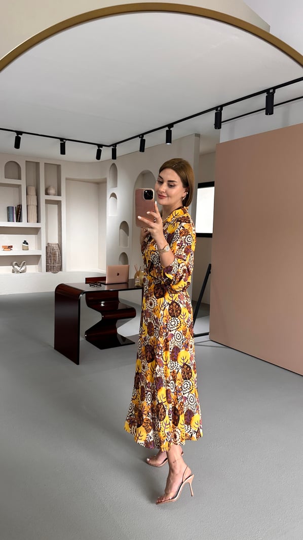 Premium Seri Hardal-Kahve Vual Gömlek Elbise