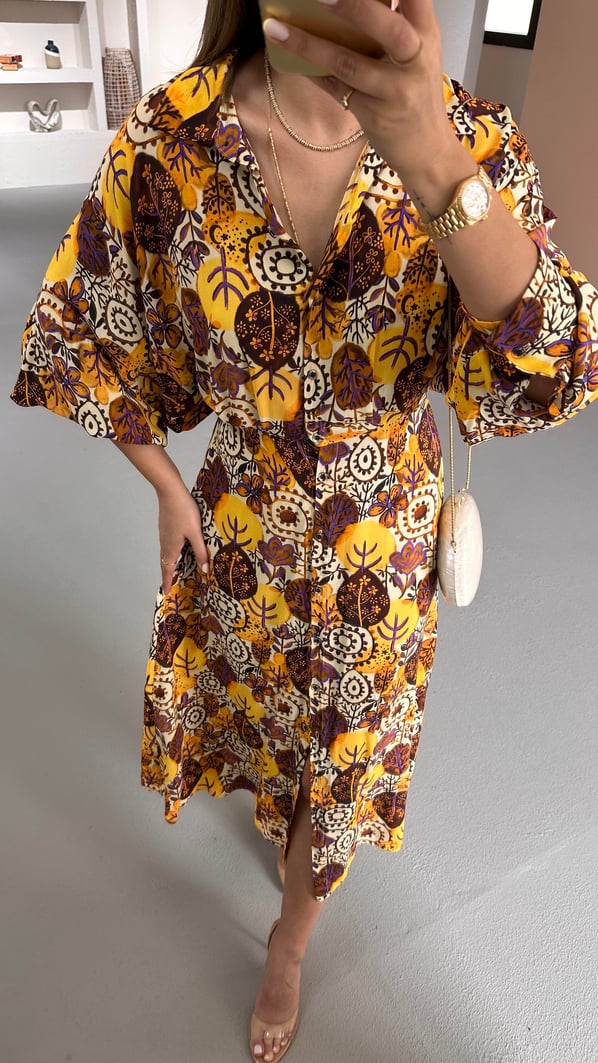 Premium Seri Hardal-Kahve Vual Gömlek Elbise