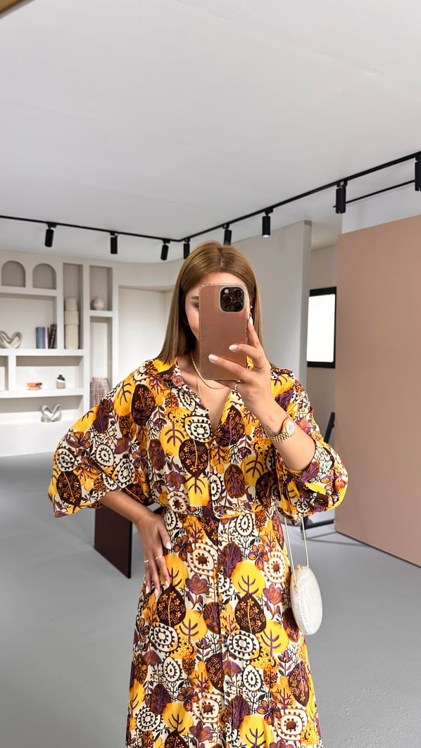 Premium Seri Hardal-Kahve Vual Gömlek Elbise