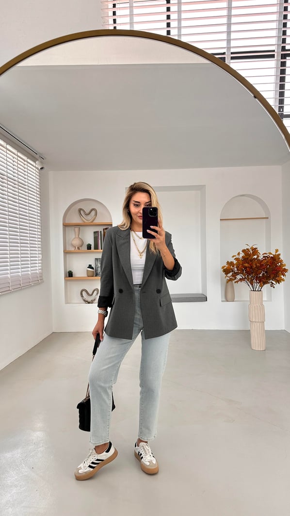 Premium Seri İki Düğme Astarlı Antrasit Blazer Ceket